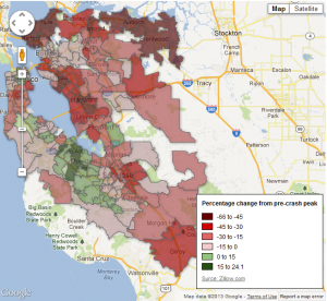 The housing micro-climates of the greater San Francisco Bay Area show a dramatic shism between recovery and on-going disaster