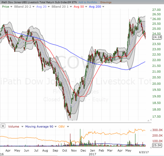 In late April the iPath Bloomberg Livestock SubTR ETN (COW) broke out from a consolidation period. While it has pulled back below its 50DMA, this could still be a time to buy into the breakout.