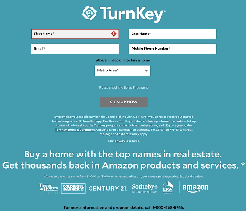 Realogy's TurnKey Sign-Up page requires just basic information but promises to flood a user with marketing messages.