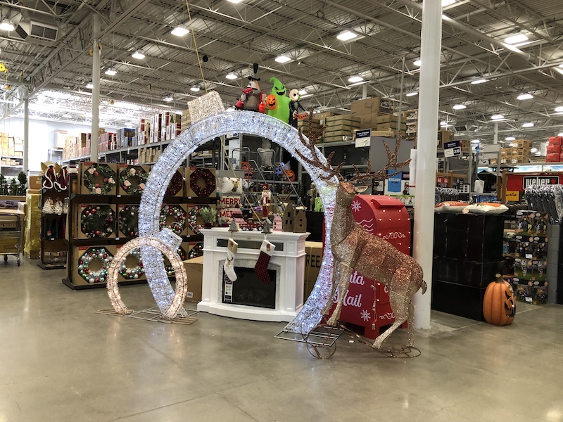 Lowe's Companies (LOW) has a very confusing holiday display combining Halloween and Christmas.