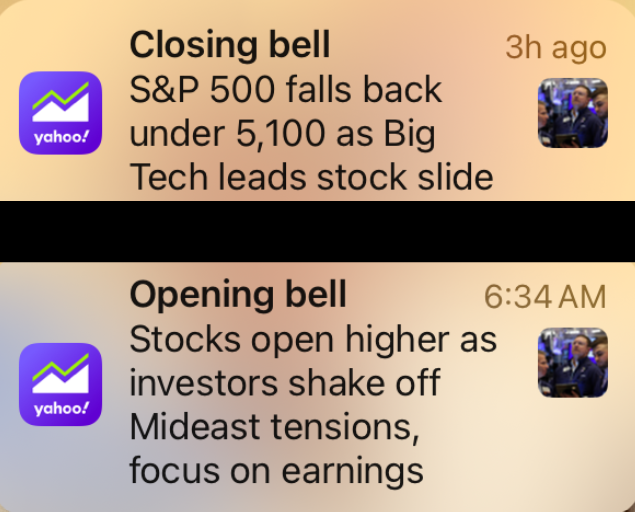 Yahoo Finance headline news shows sellers fading the S&P 500